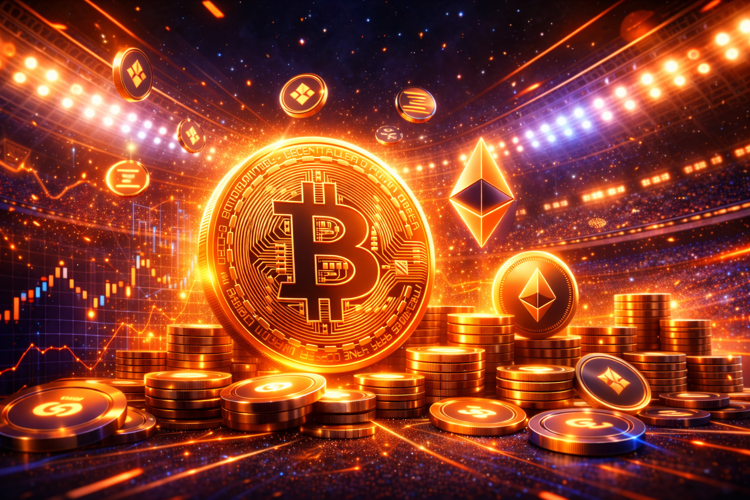 Cinematic crypto platform visual with charts, signals, and glowing interface