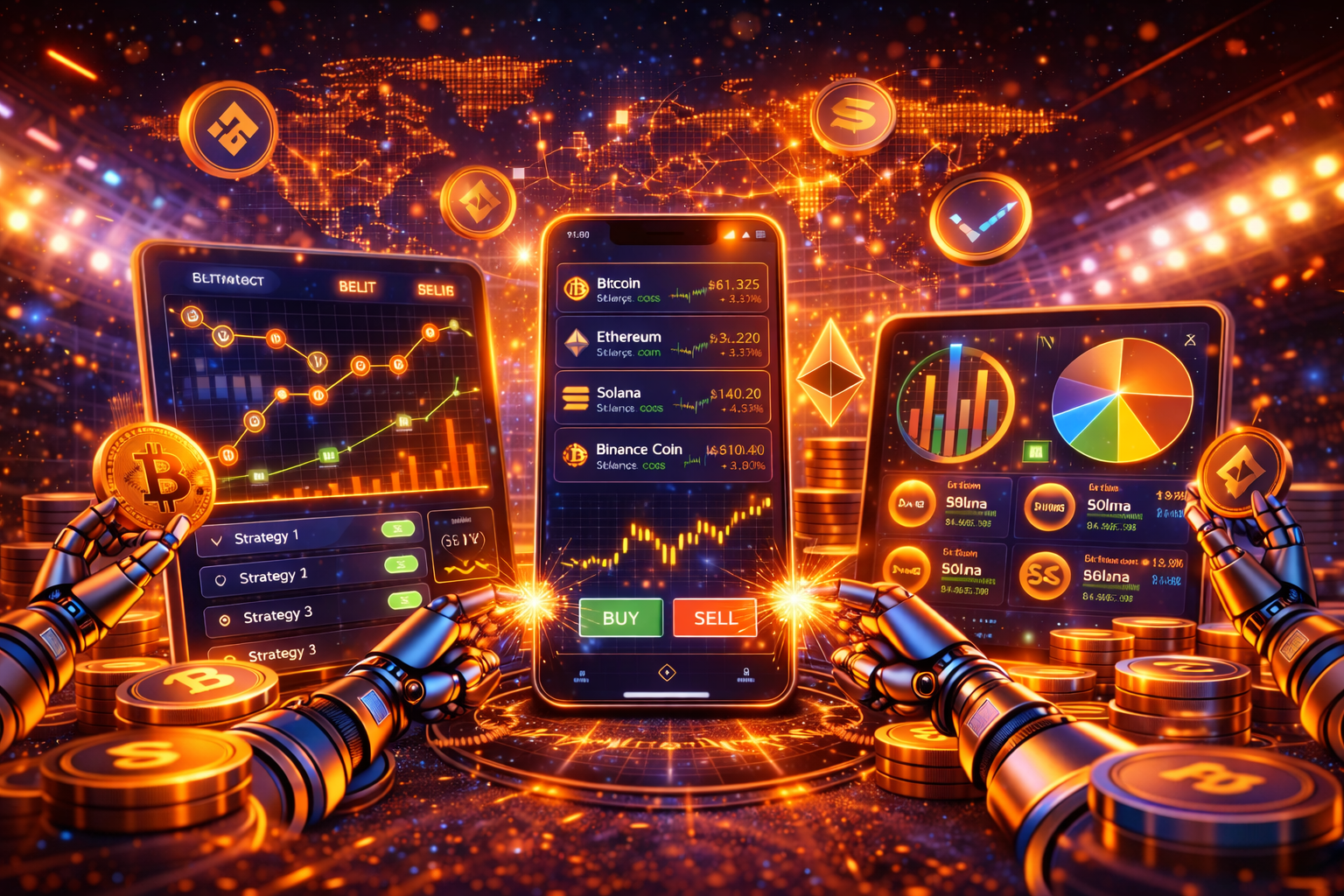 Crypto automation visual with strategy triggers and execution flow